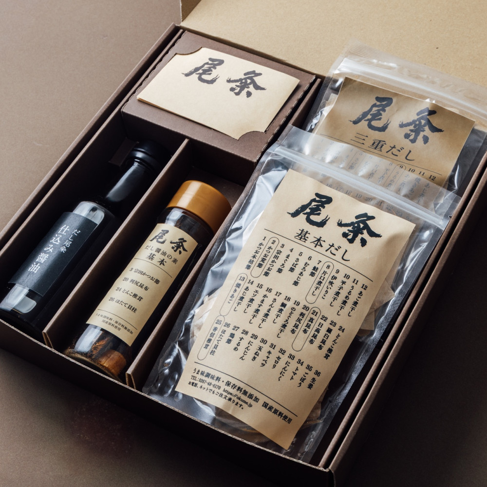 【尾粂】だしパック基本&三重・だし醤油の素基本・仕込み醤油ギフト(BOX入り)